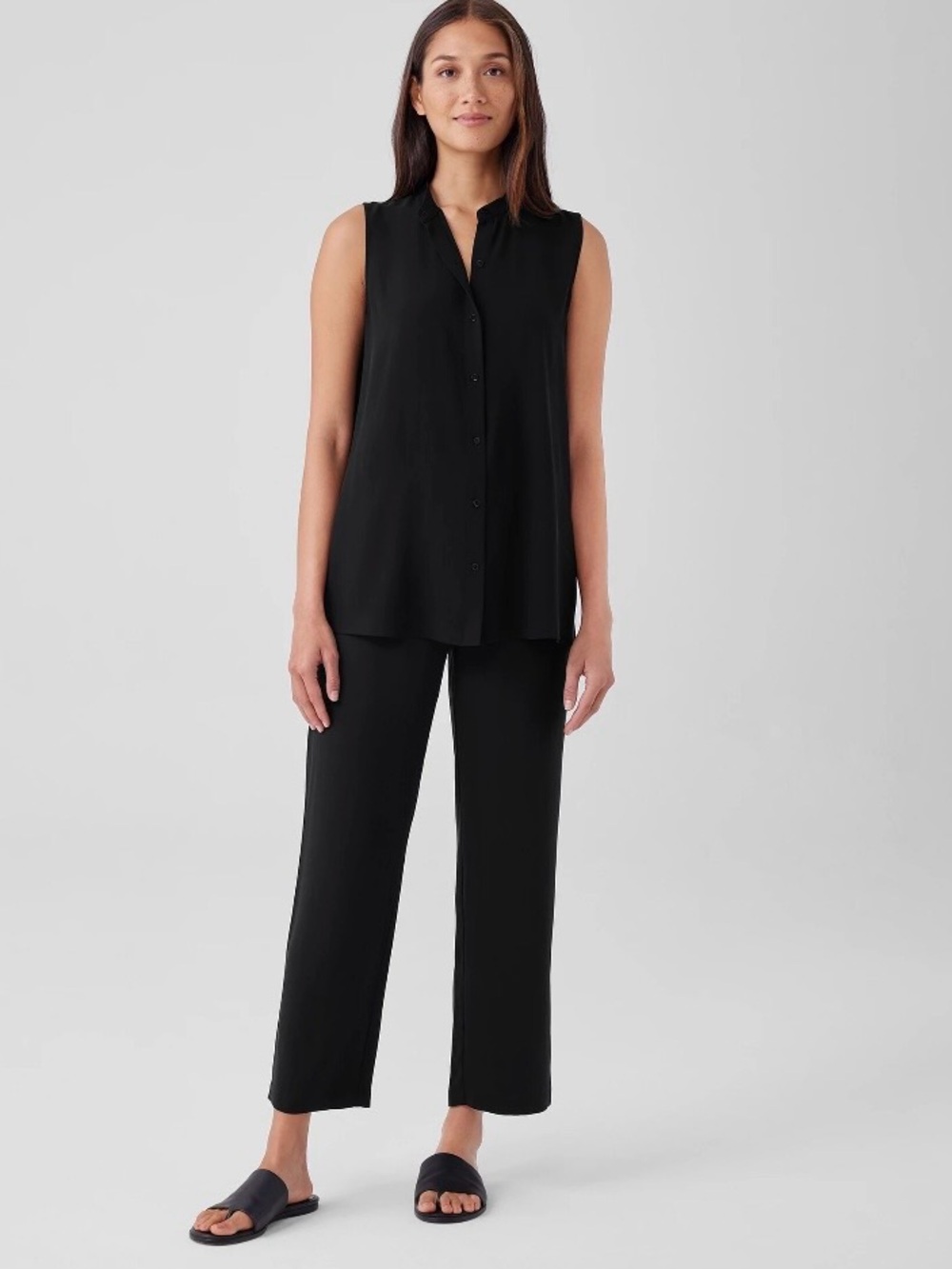 NEW Eileen Fisher 100% Silk Georgette Crepe Straight Cropped Pant Black large
